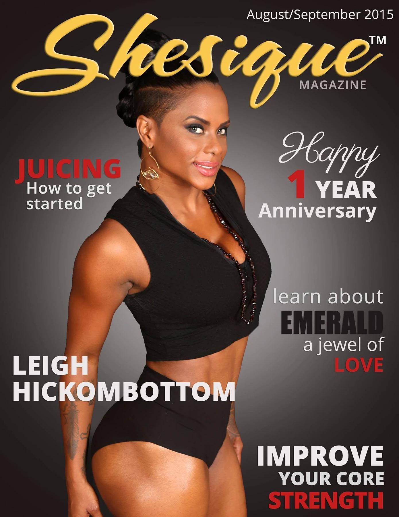 Shesique Magazine August and September 2015 anniversary cover featuring Leigh Hickombottom