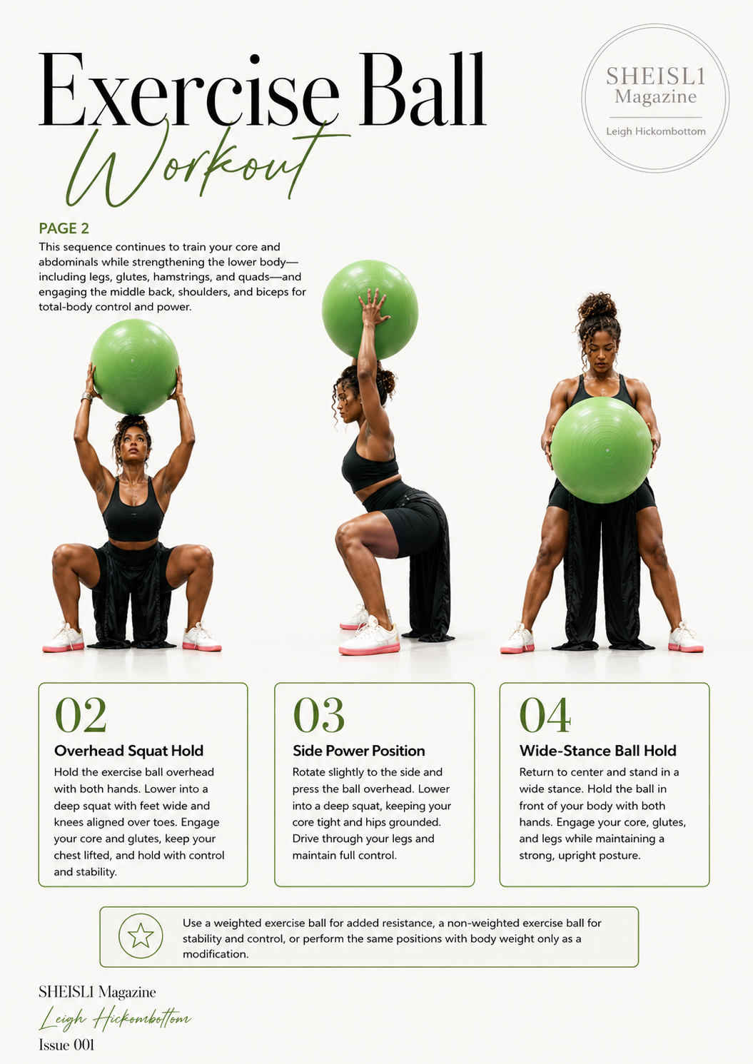 Exercise Ball Workout page 2 with matching chai-tea-toned female fitness model